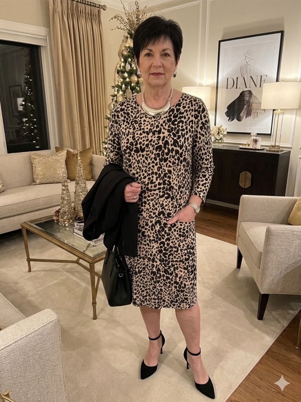 Nina Leonard Beige and Black Leopard Midi Dress